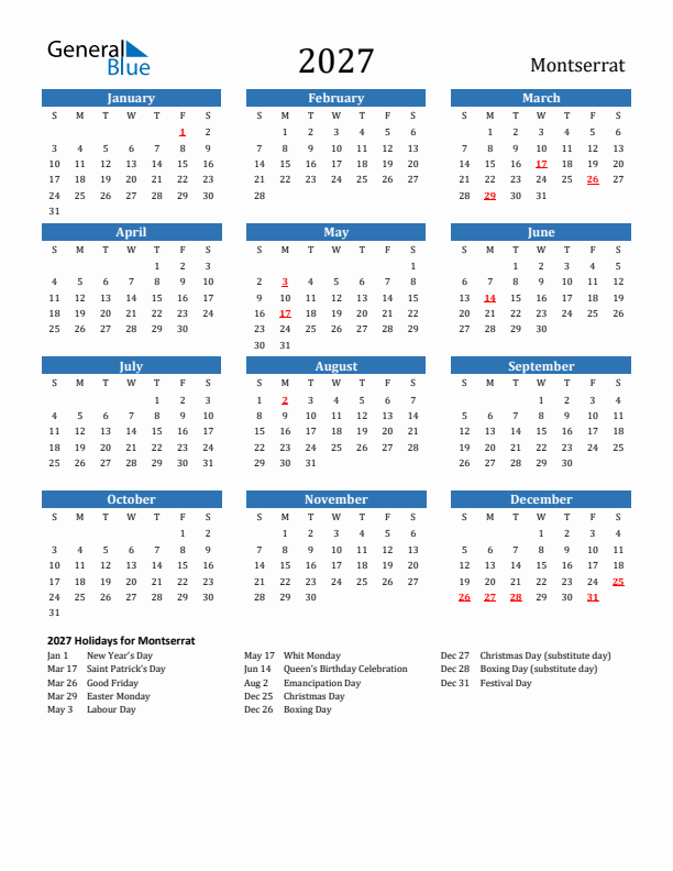 Montserrat 2027 Calendar with Holidays