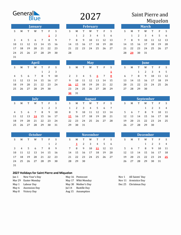 Saint Pierre and Miquelon 2027 Calendar with Holidays