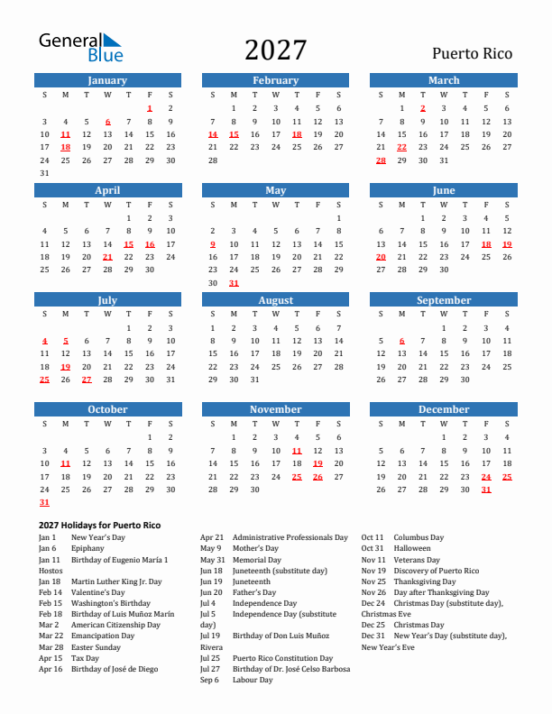 Puerto Rico 2027 Calendar with Holidays