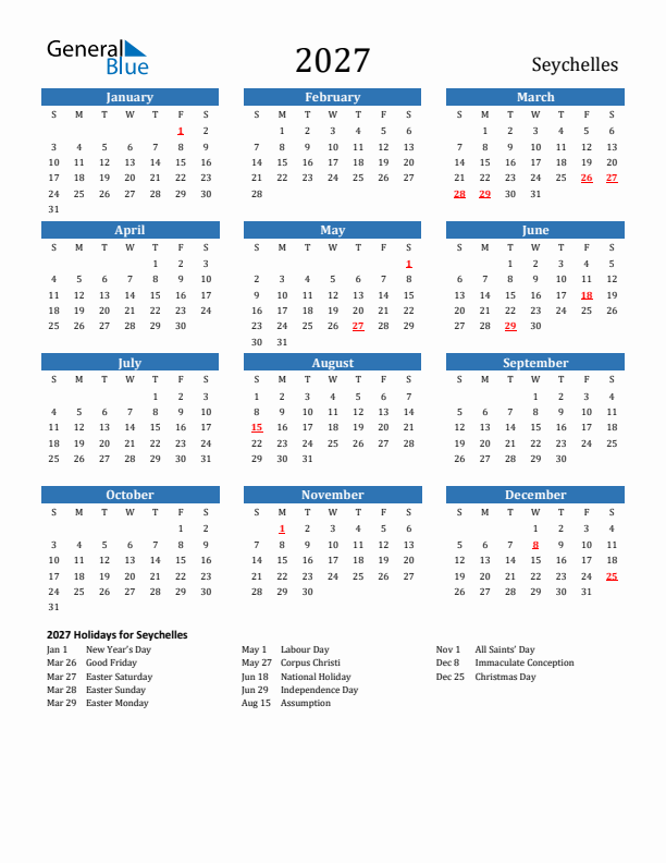 Seychelles 2027 Calendar with Holidays