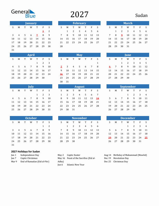 Sudan 2027 Calendar with Holidays