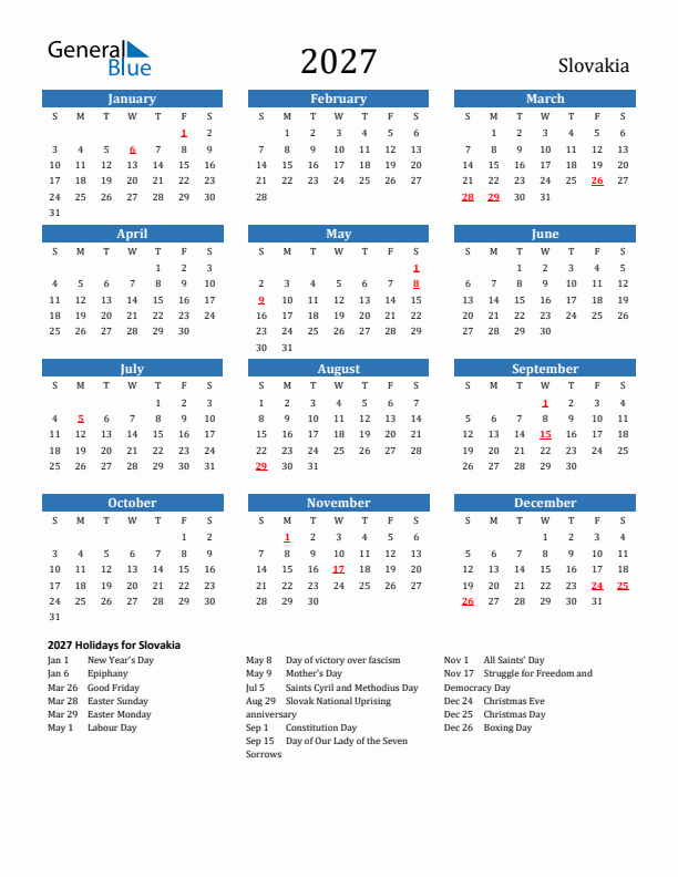 Slovakia 2027 Calendar with Holidays