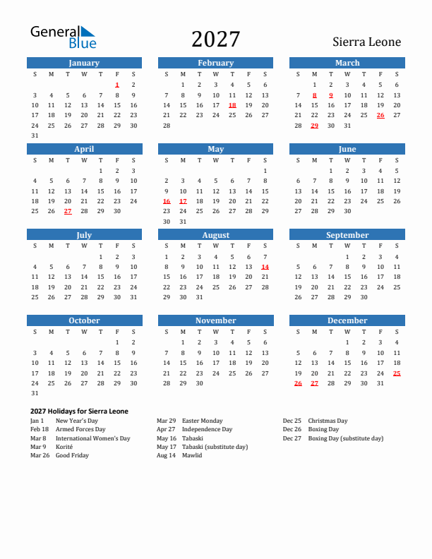 Sierra Leone 2027 Calendar with Holidays
