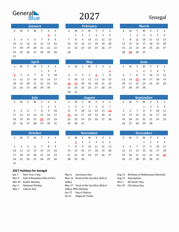 Senegal 2027 Calendar with Holidays