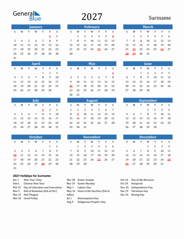 Suriname 2027 Calendar with Holidays