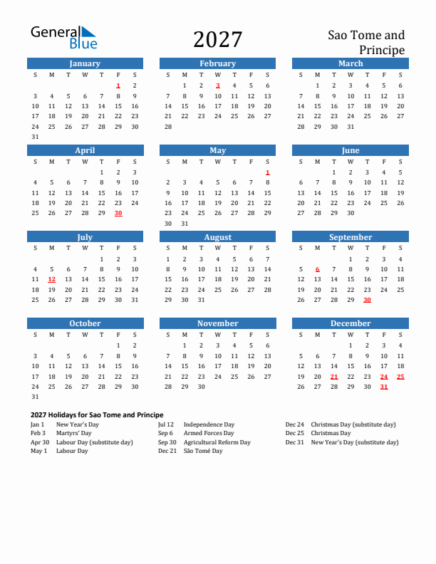 Sao Tome and Principe 2027 Calendar with Holidays