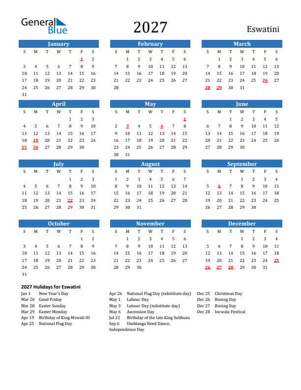 Eswatini 2027 Calendar with Holidays