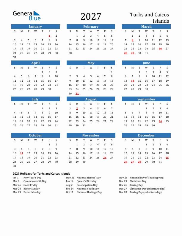 Turks and Caicos Islands 2027 Calendar with Holidays
