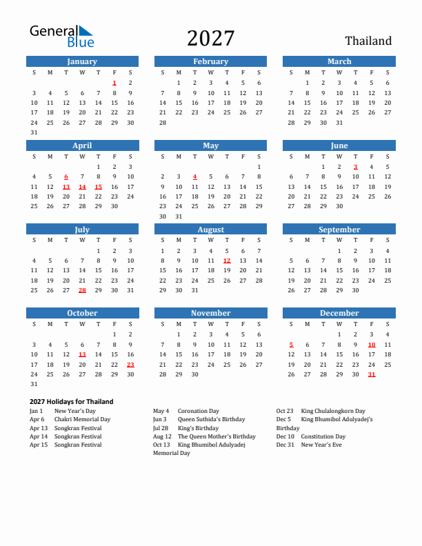 Thailand 2027 Calendar with Holidays
