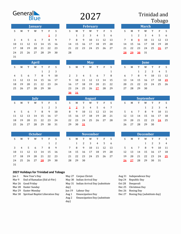 Trinidad and Tobago 2027 Calendar with Holidays