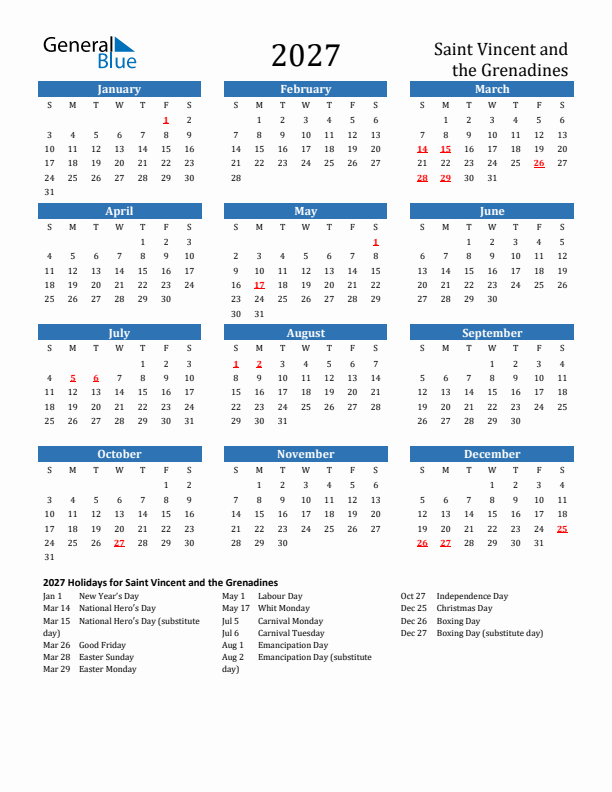 Saint Vincent and the Grenadines 2027 Calendar with Holidays