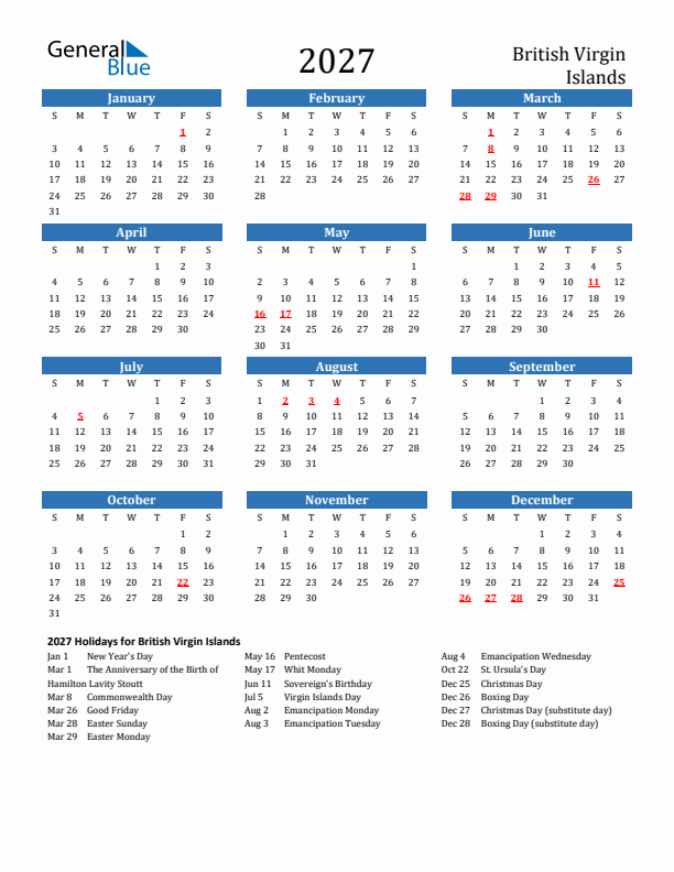 British Virgin Islands 2027 Calendar with Holidays
