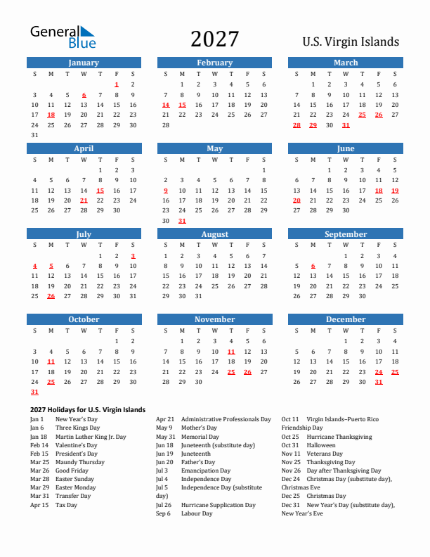 U.S. Virgin Islands 2027 Calendar with Holidays