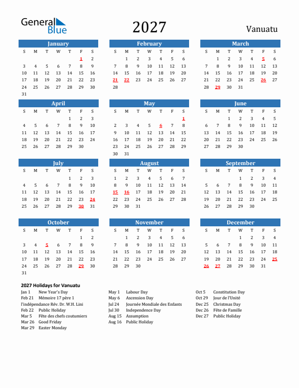Vanuatu 2027 Calendar with Holidays