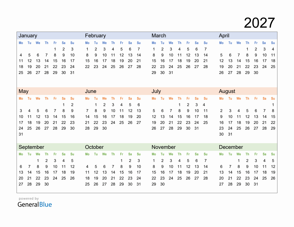 Free Downloadable 2027 Yearly Calendar Template