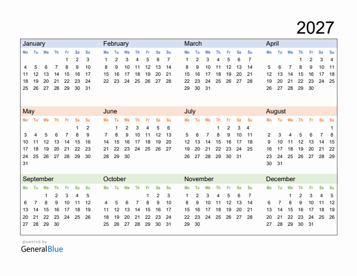 2027 Yearly Calendar Templates With Monday Start