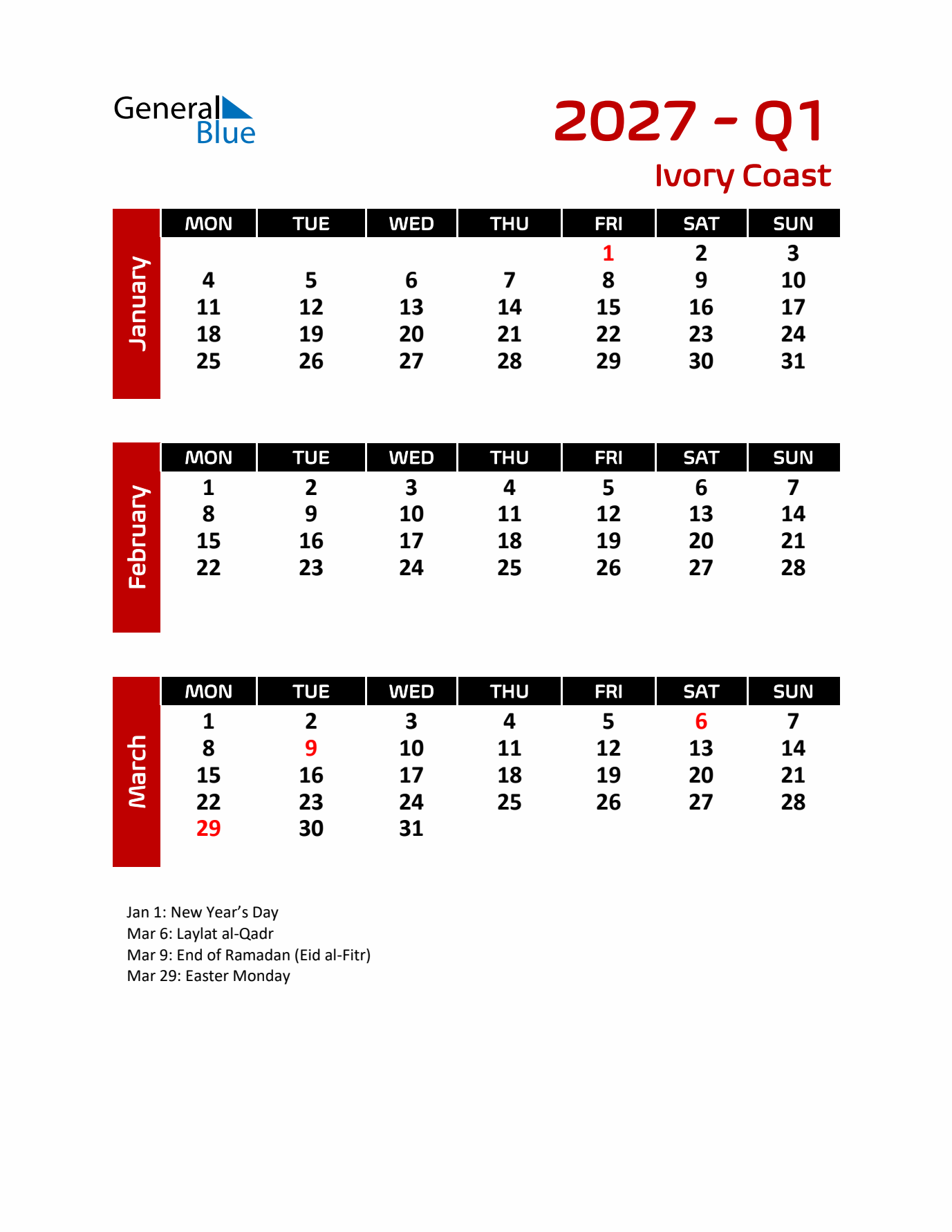 Q1 2027 Calendar with Holidays in Ivory Coast