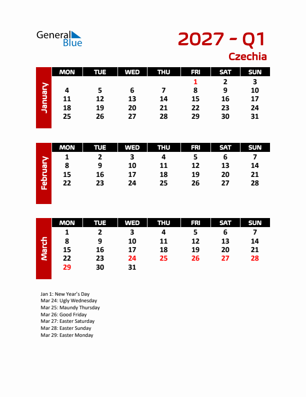 Q1 2027 Calendar with Holidays in Czechia