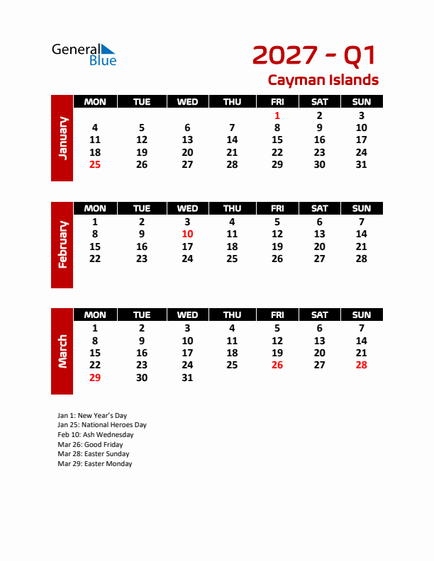 Q1 2027 Calendar with Holidays in Cayman Islands