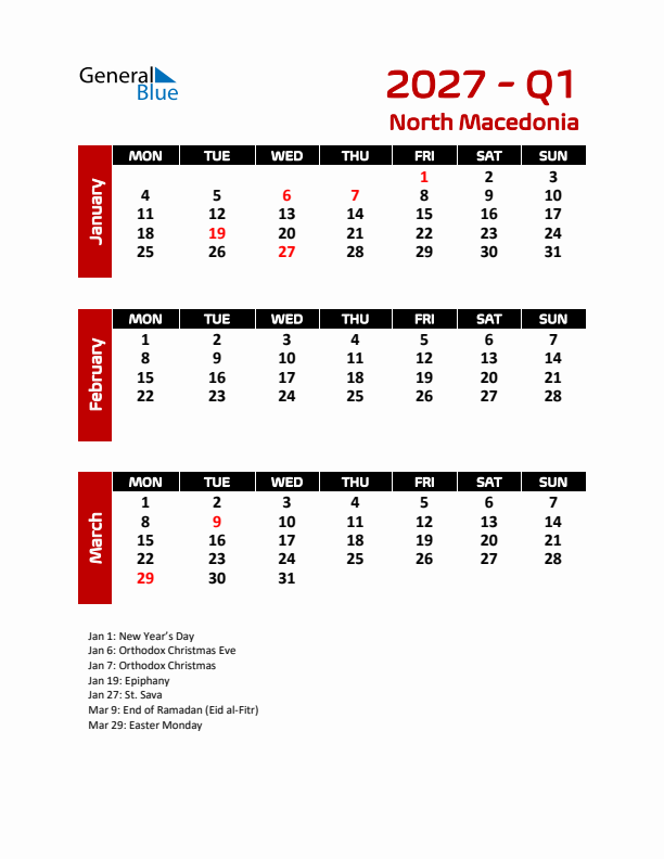 Q1 2027 Calendar with Holidays in North Macedonia