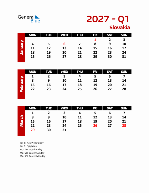 Q1 2027 Calendar with Holidays in Slovakia