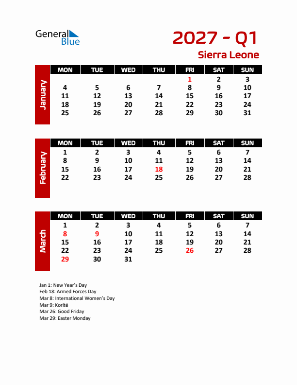 Q1 2027 Calendar with Holidays in Sierra Leone