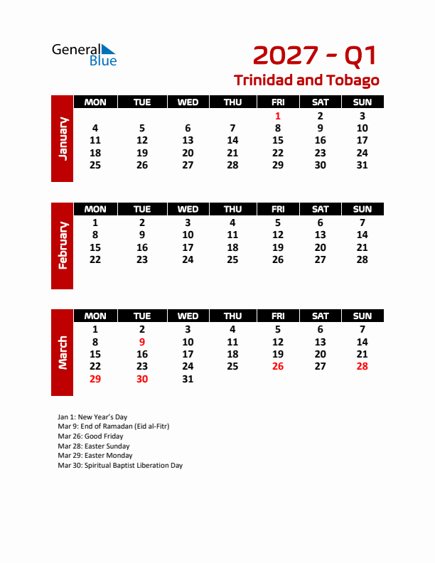 Q1 2027 Calendar with Holidays in Trinidad and Tobago