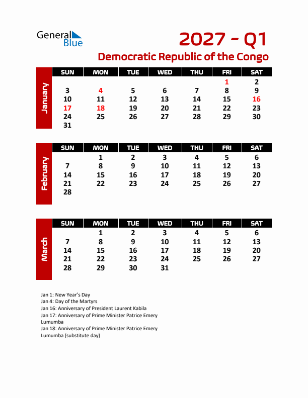 Q1 2027 Calendar with Holidays in Democratic Republic of the Congo