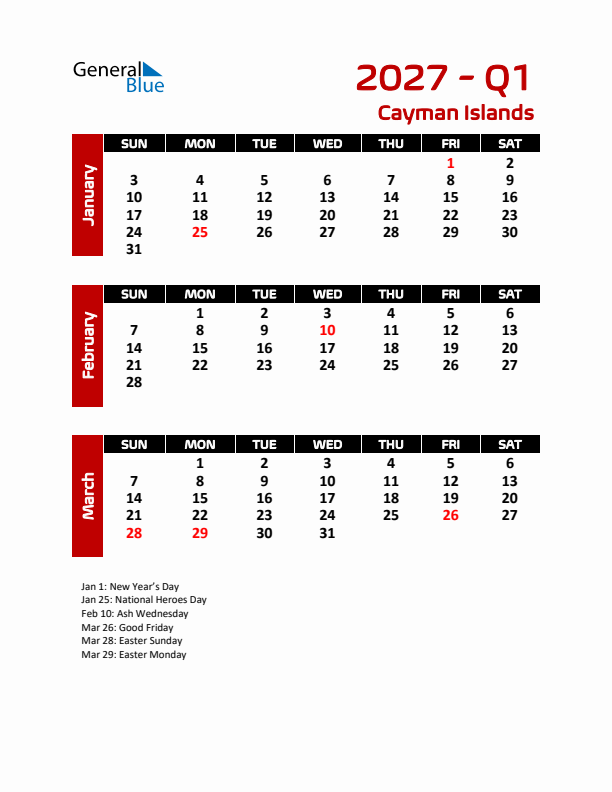 Q1 2027 Calendar with Holidays in Cayman Islands