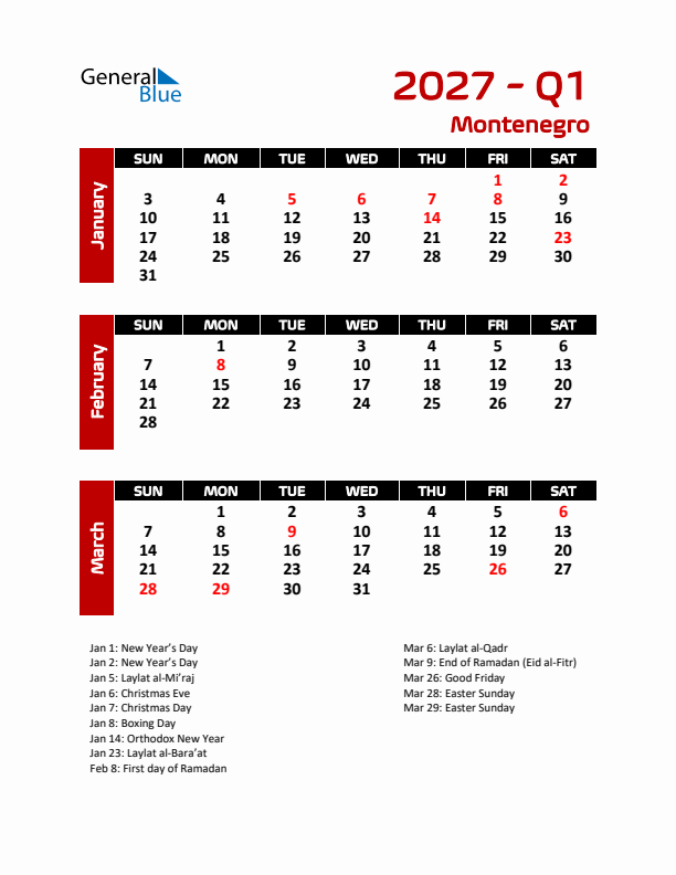 Q1 2027 Calendar with Holidays in Montenegro
