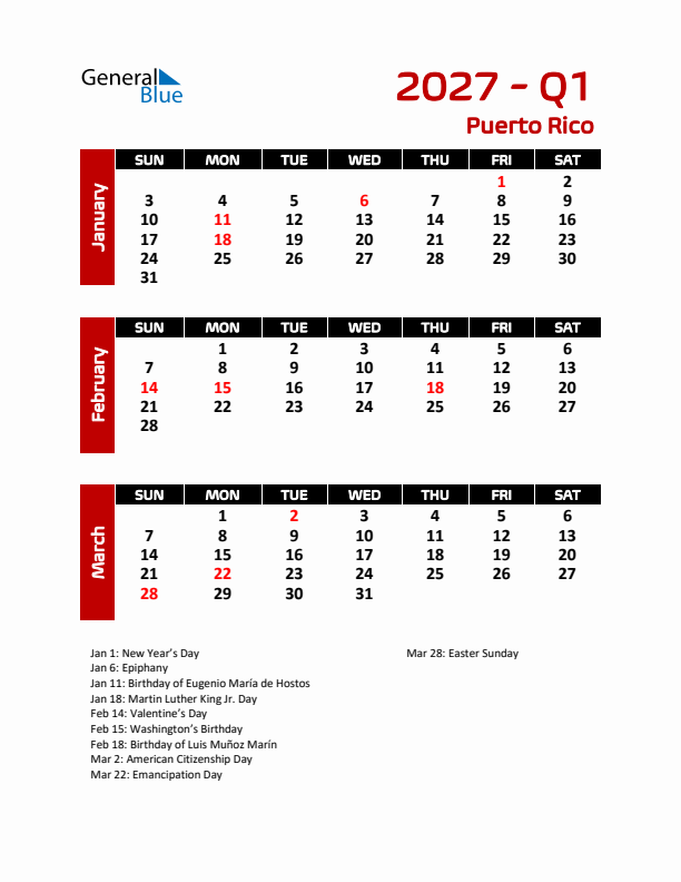 Q1 2027 Calendar with Holidays in Puerto Rico
