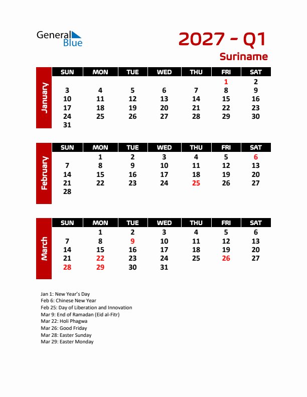 Q1 2027 Calendar with Holidays in Suriname