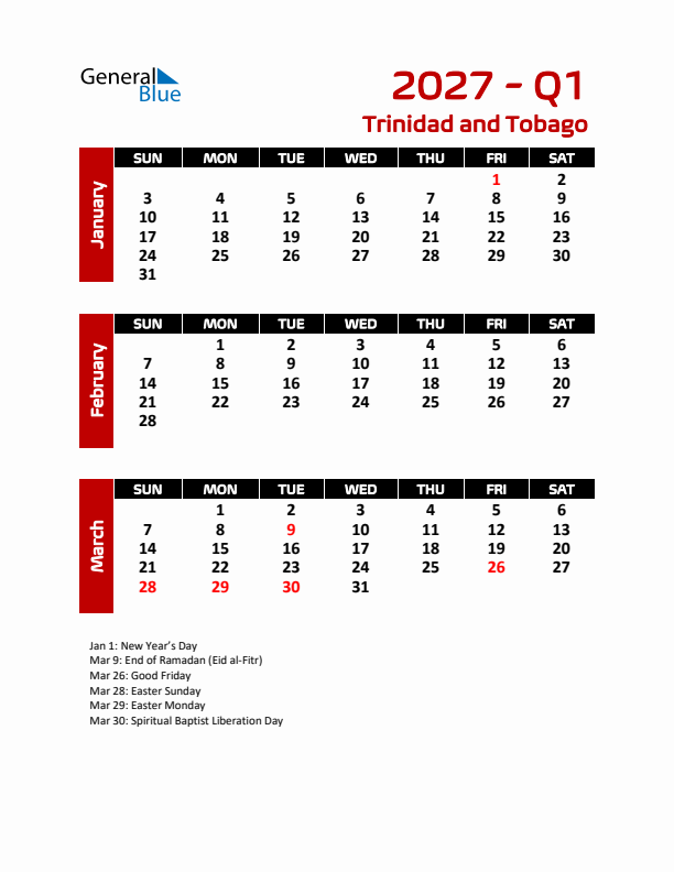 Q1 2027 Calendar with Holidays in Trinidad and Tobago