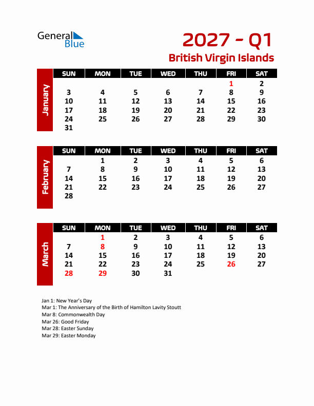 Q1 2027 Calendar with Holidays in British Virgin Islands