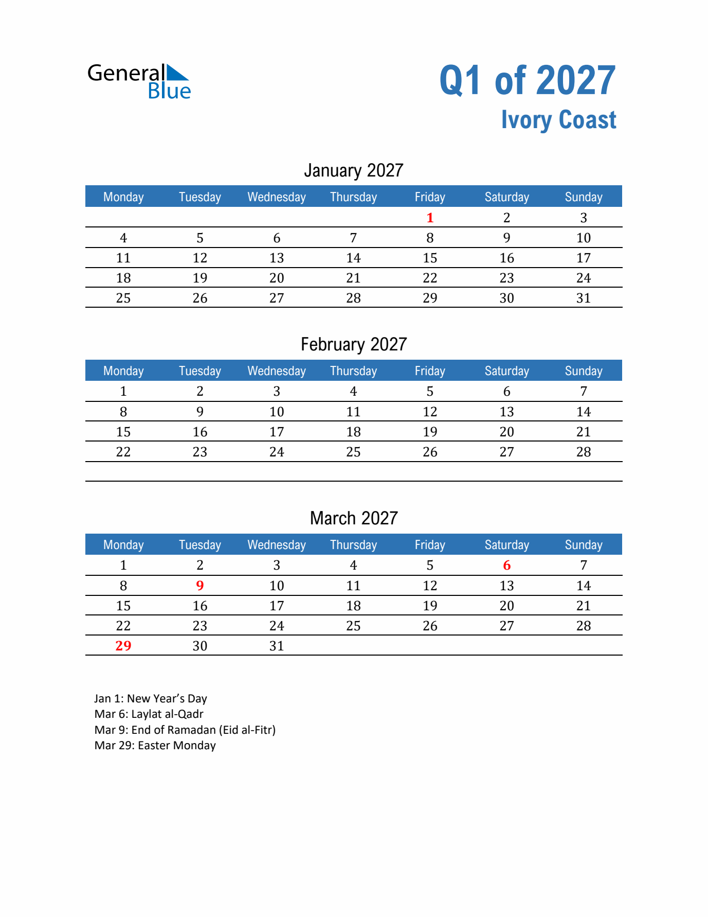 Ivory Coast Q1 2027 Quarterly Calendar with Monday Start