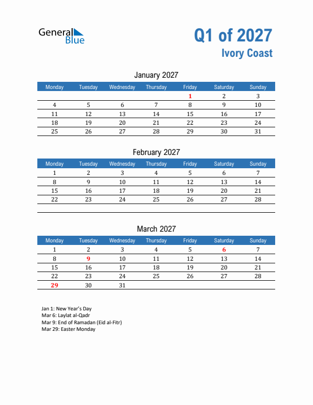 Ivory Coast Q1 2027 Quarterly Calendar with Monday Start
