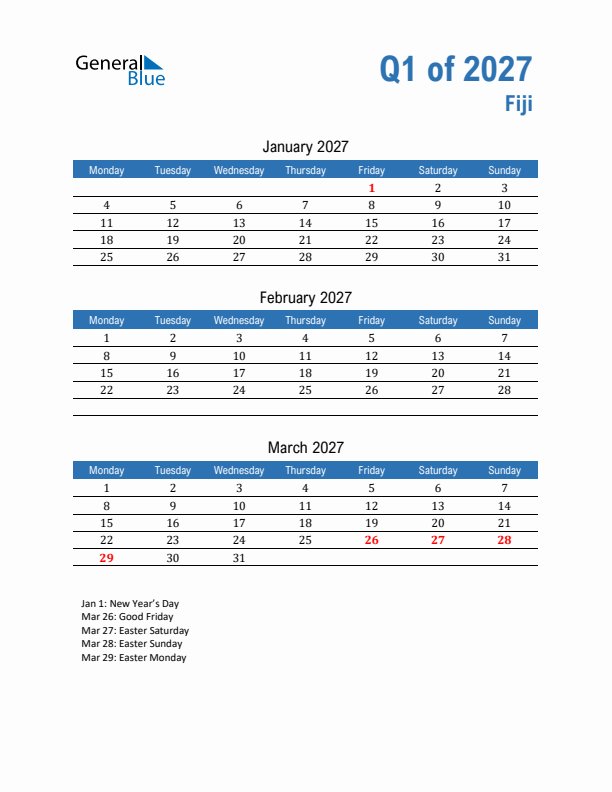 Fiji Q1 2027 Quarterly Calendar with Monday Start