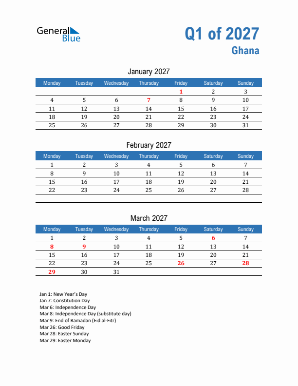 Ghana Q1 2027 Quarterly Calendar with Monday Start