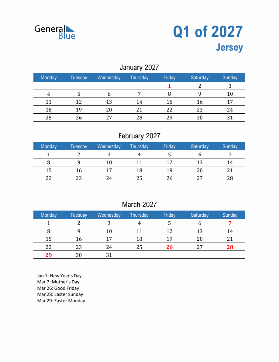 Jersey Quarterly Calendar (Quarter 1 of 2027) - Monday Start