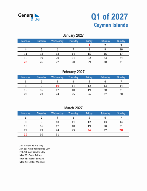 Cayman Islands Q1 2027 Quarterly Calendar with Monday Start