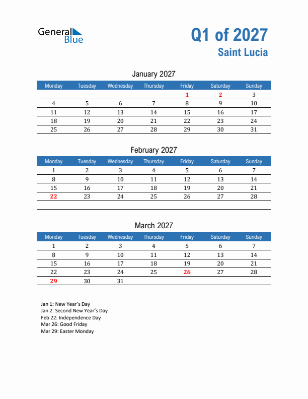 Saint Lucia Q1 2027 Quarterly Calendar with Monday Start