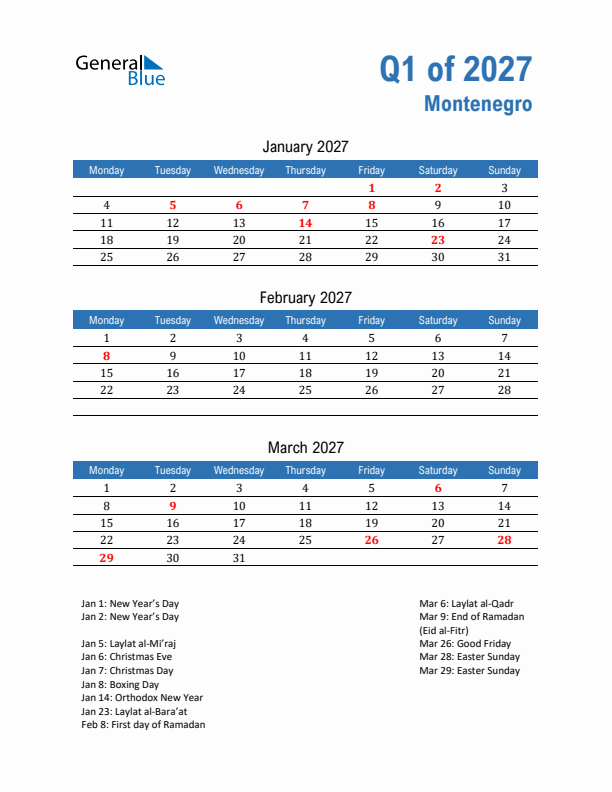 Montenegro Q1 2027 Quarterly Calendar with Monday Start