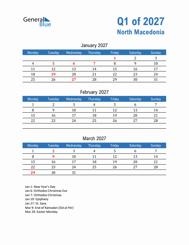 North Macedonia Q1 2027 Quarterly Calendar with Monday Start