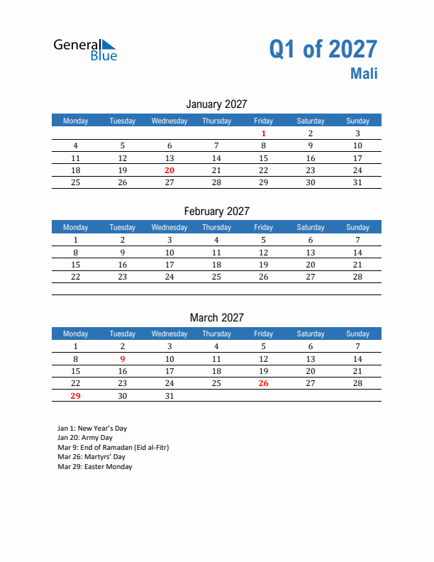 Mali Q1 2027 Quarterly Calendar with Monday Start