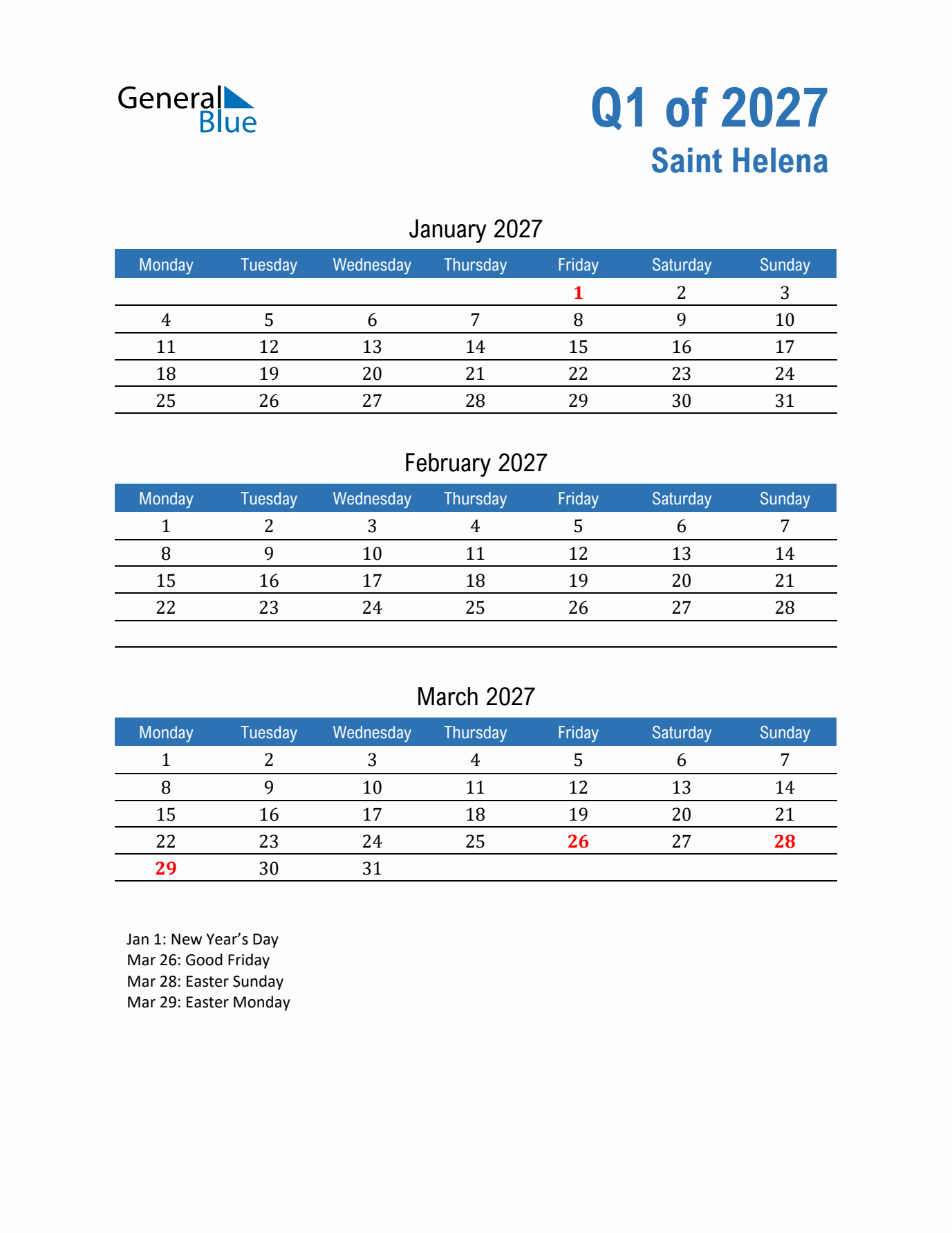 Saint Helena Q1 2027 Quarterly Calendar with Monday Start