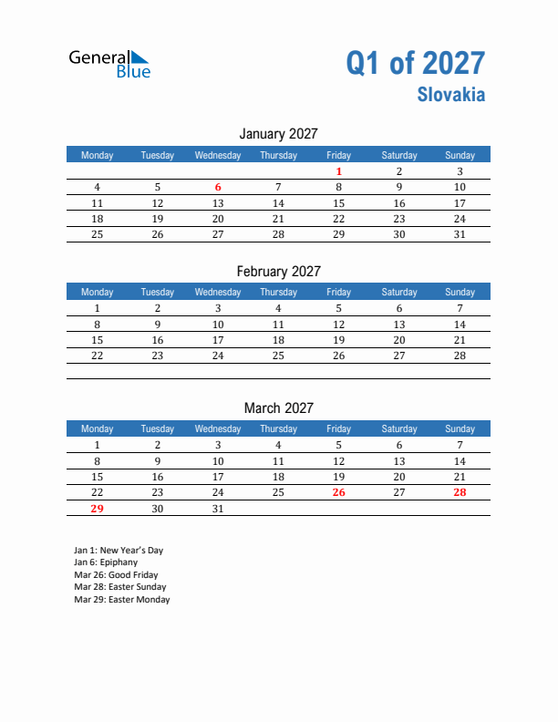 Slovakia Q1 2027 Quarterly Calendar with Monday Start