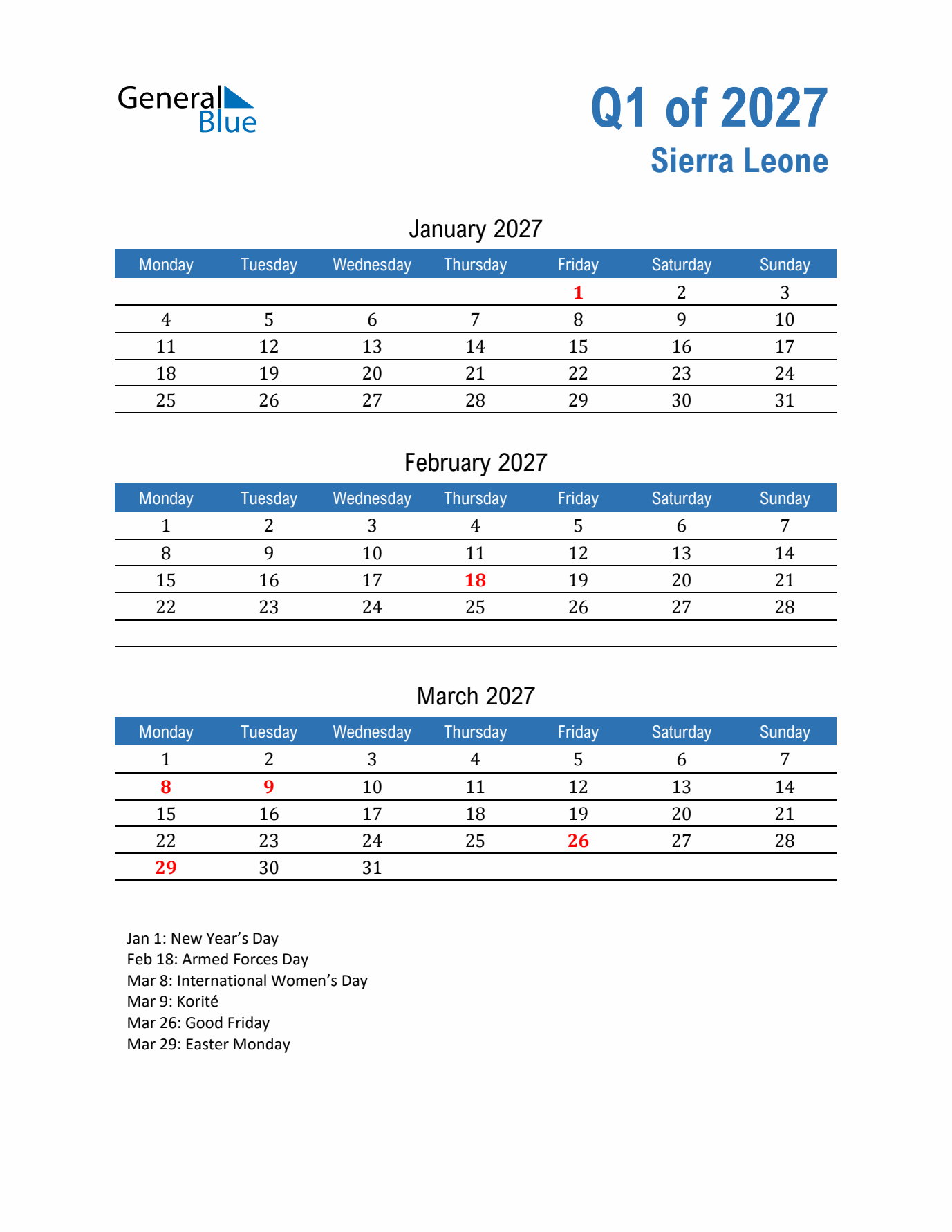 Sierra Leone Q1 2027 Quarterly Calendar with Monday Start