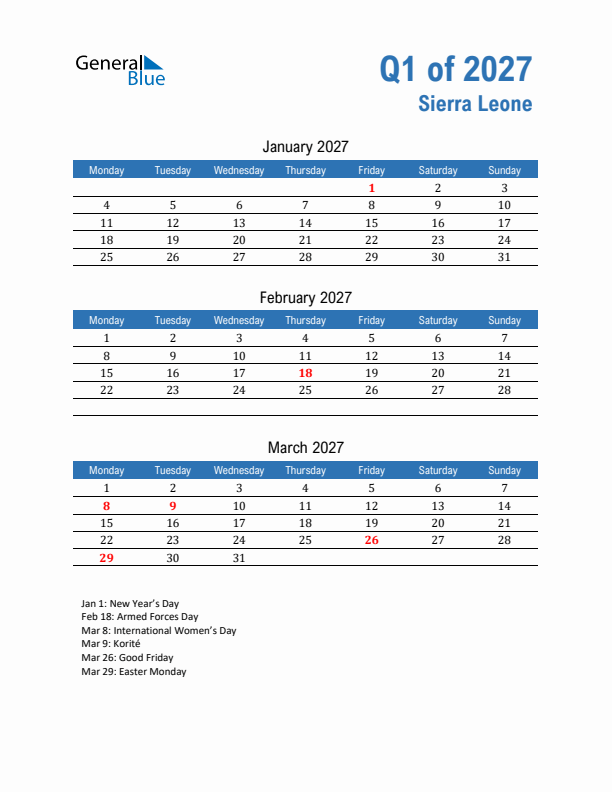 Sierra Leone Q1 2027 Quarterly Calendar with Monday Start