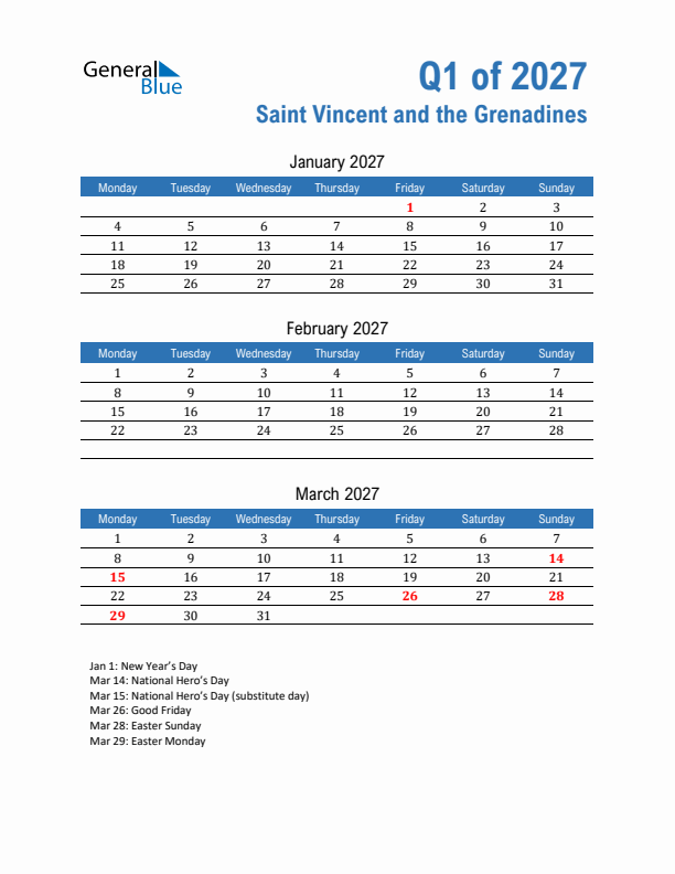 Saint Vincent and the Grenadines Q1 2027 Quarterly Calendar with Monday Start