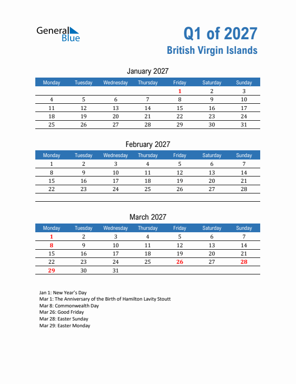 British Virgin Islands Q1 2027 Quarterly Calendar with Monday Start
